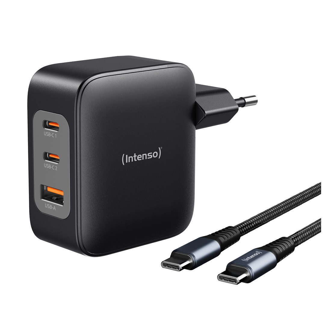 Intenso W100ACC+C520C, Power Adapter + Charging Cable Set, 100W, Fast Charging, GaN, Charge 3 Devices Simultaneously, Black Intenso W100ACC+C520C, Power Adapter + Charging Cable Set, 100W, Fast Charging, GaN, Charge 3 Devices Simultaneously, Black