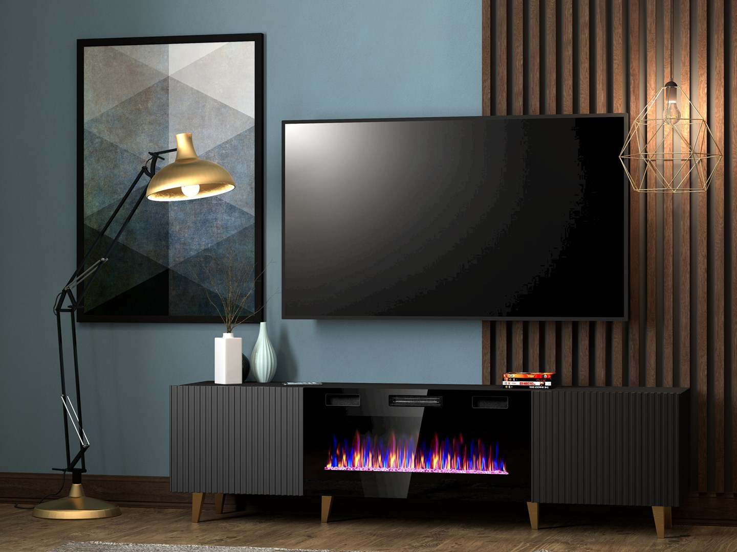 RTV cabinet PAFOS EF with electric fireplace 180x42x49 black matt RTV cabinet PAFOS EF with electric fireplace 180x42x49 black matt