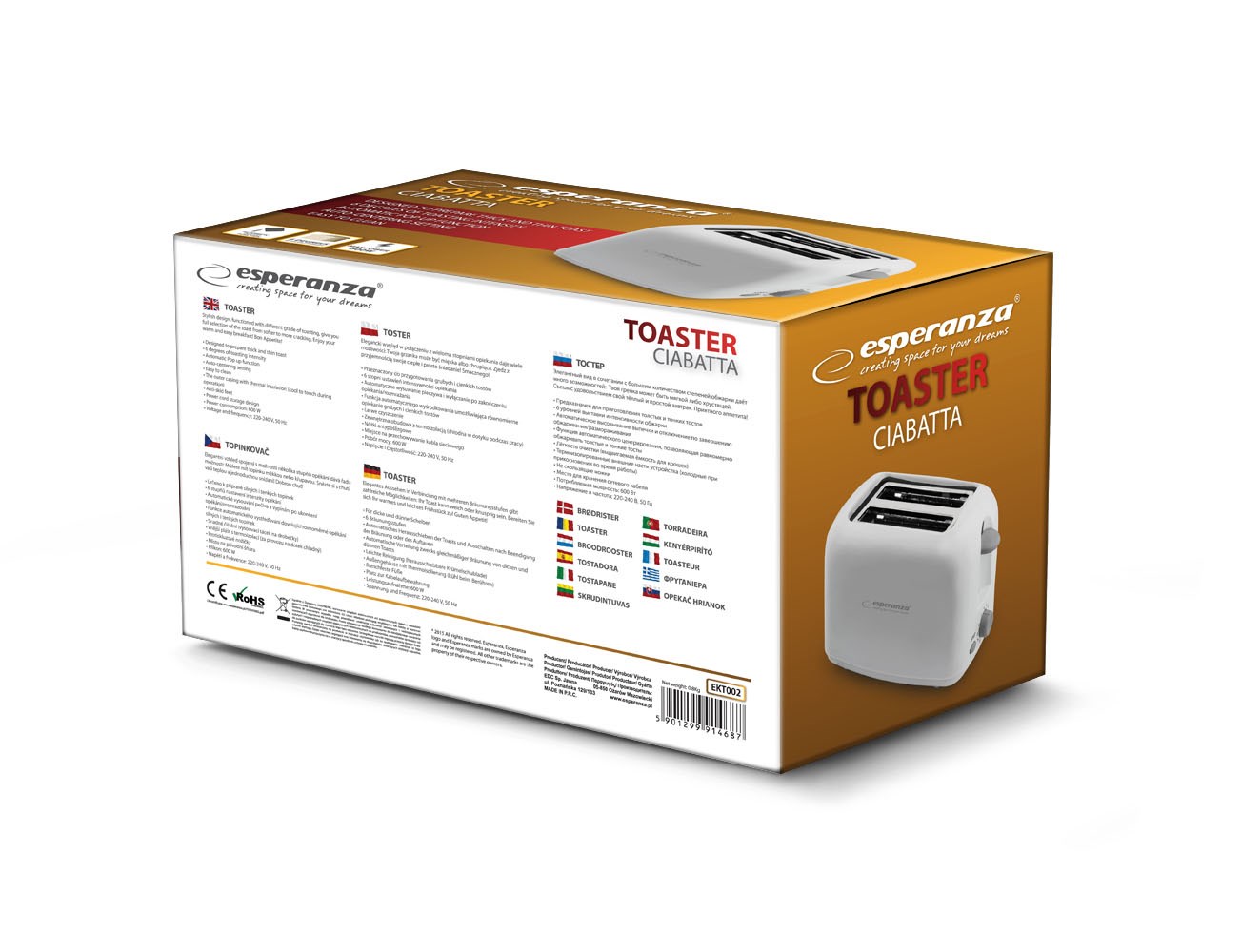 Esperanza EKT002 Caprese 2 slice(s) 600 W White Esperanza EKT002 Caprese 2 slice(s) 600 W White