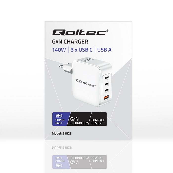 Qoltec 140W GaN Wall Charger | 5-20V | 2.5-5A | 3 x USB-C PD | 1 x USB QC 3.0 | White Qoltec 140W GaN Wall Charger | 5-20V | 2.5-5A | 3 x USB-C PD | 1 x USB QC 3.0 | White