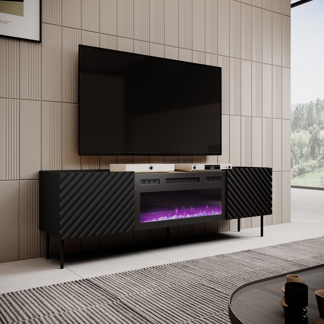 RTV cabinet with electric fireplace ONDA 180x40x39-58 black (standing or wall mounted) RTV cabinet with electric fireplace ONDA 180x40x39-58 black (standing or wall mounted)