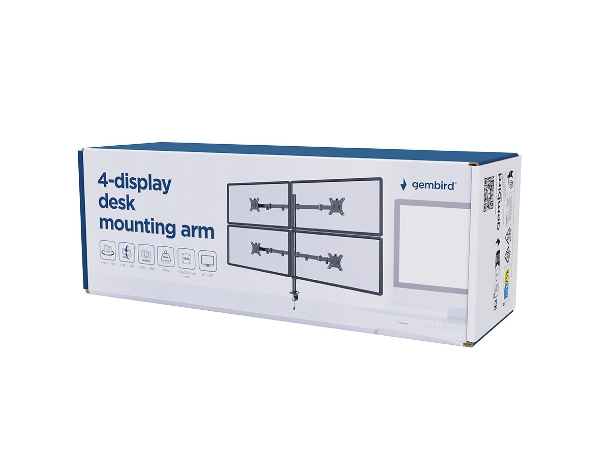 Gembird MA-D4-01 Adjustable desk 4-display mounting arm (rotate, tilt, swivel), 13”-32”, up to 10kg per screen Gembird MA-D4-01 Adjustable desk 4-display mounting arm (rotate, tilt, swivel), 13”-32”, up to 10kg per screen
