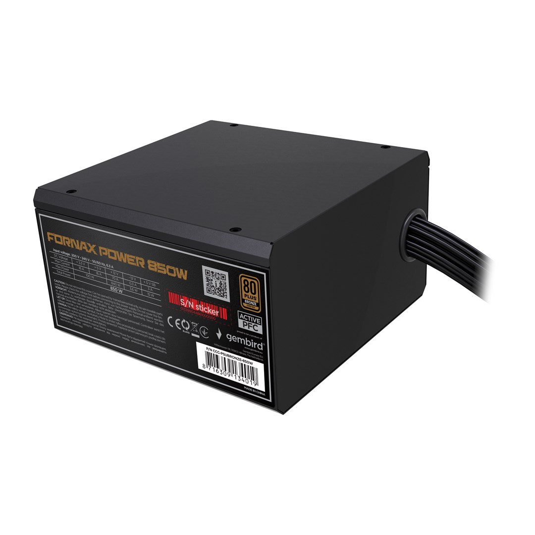 Gembird CCC-PSUBRONZE-850W Power supply unit Fornax Power 850W active PFC 12cm fan 80+Bronze color box Gembird CCC-PSUBRONZE-850W Power supply unit Fornax Power 850W active PFC 12cm fan 80+Bronze color box