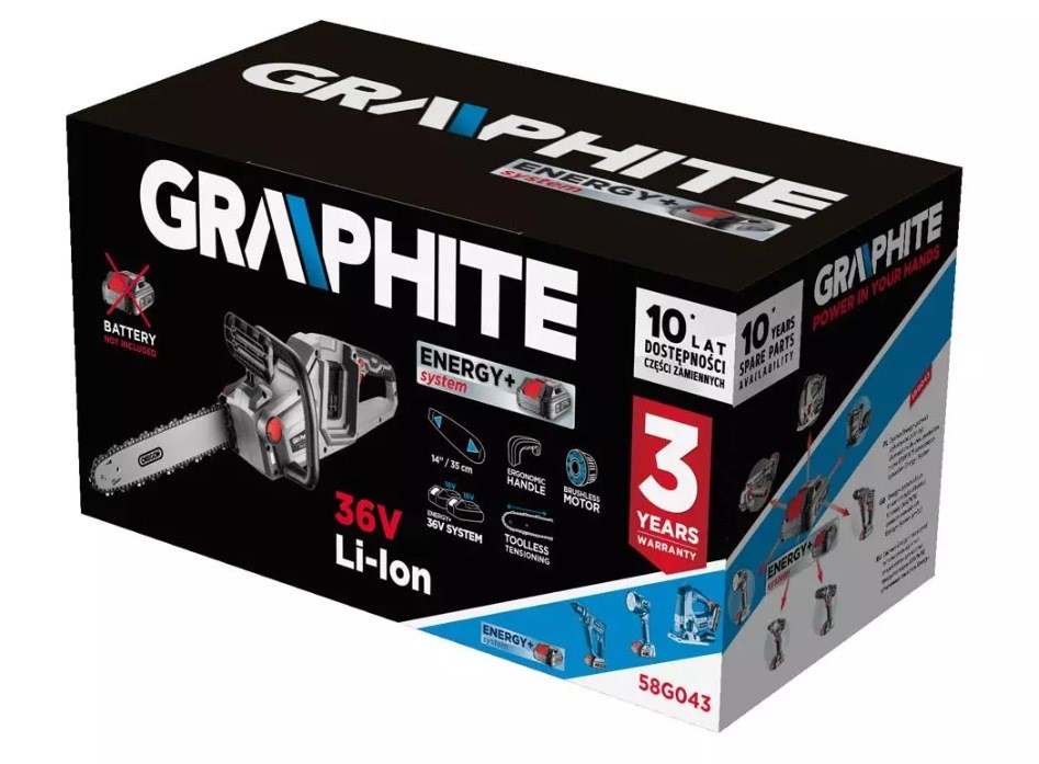 Graphite Energy+ 36V, Li-Ion brushless cordless chainsaw, 14" guide bar Graphite Energy+ 36V, Li-Ion brushless cordless chainsaw, 14" guide bar