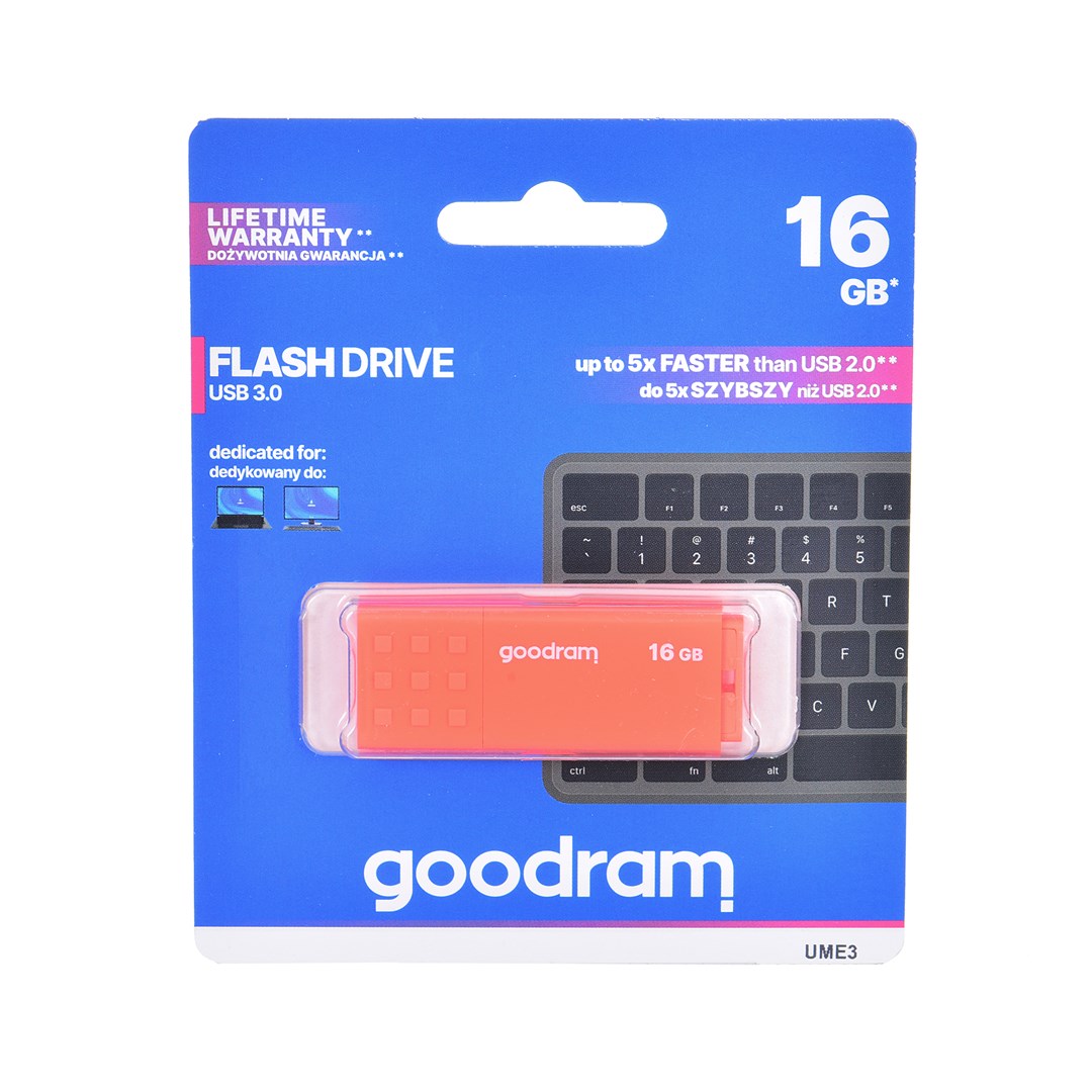 Goodram UME3-0160O0R1 USB flash drive 16 GB USB Type-A 3.2 Gen 1 (3.1 Gen 1) Orange Goodram UME3-0160O0R1 USB flash drive 16 GB USB Type-A 3.2 Gen 1 (3.1 Gen 1) Orange