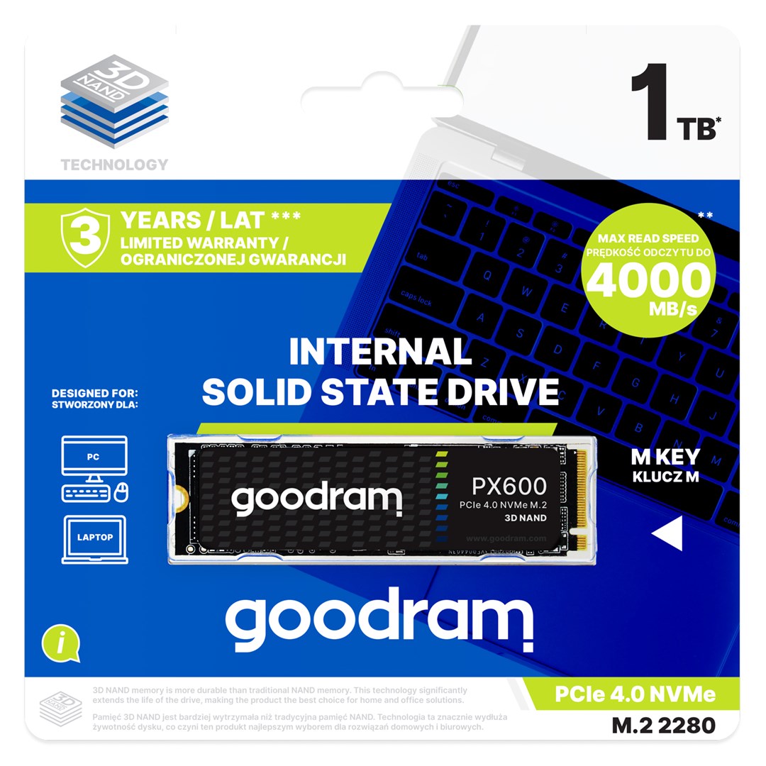 Goodram SSDPR-PX600-1K0-80 internal solid state drive 1 TB M.2 PCI Express 4.0 NVMe 3D NAND Goodram SSDPR-PX600-1K0-80 internal solid state drive 1 TB M.2 PCI Express 4.0 NVMe 3D NAND