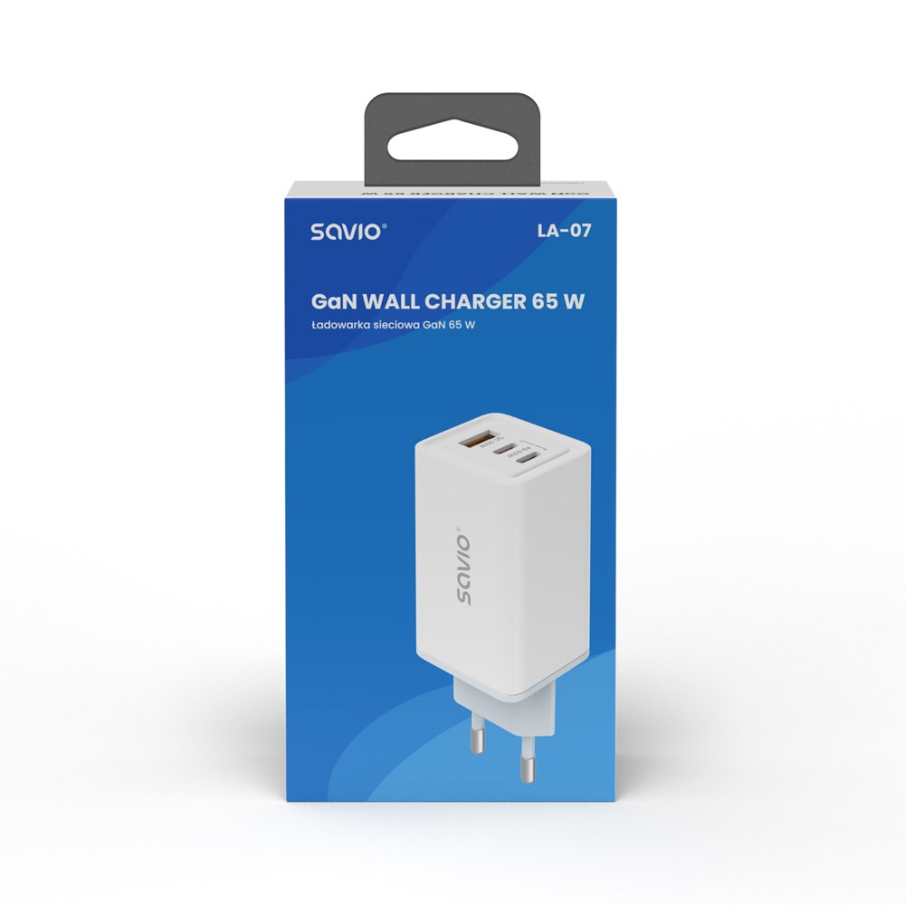 SAVIO LA-07 GaN 65W mains charger, USB, QC4.0+, PD 3.0, White SAVIO LA-07 GaN 65W mains charger, USB, QC4.0+, PD 3.0, White