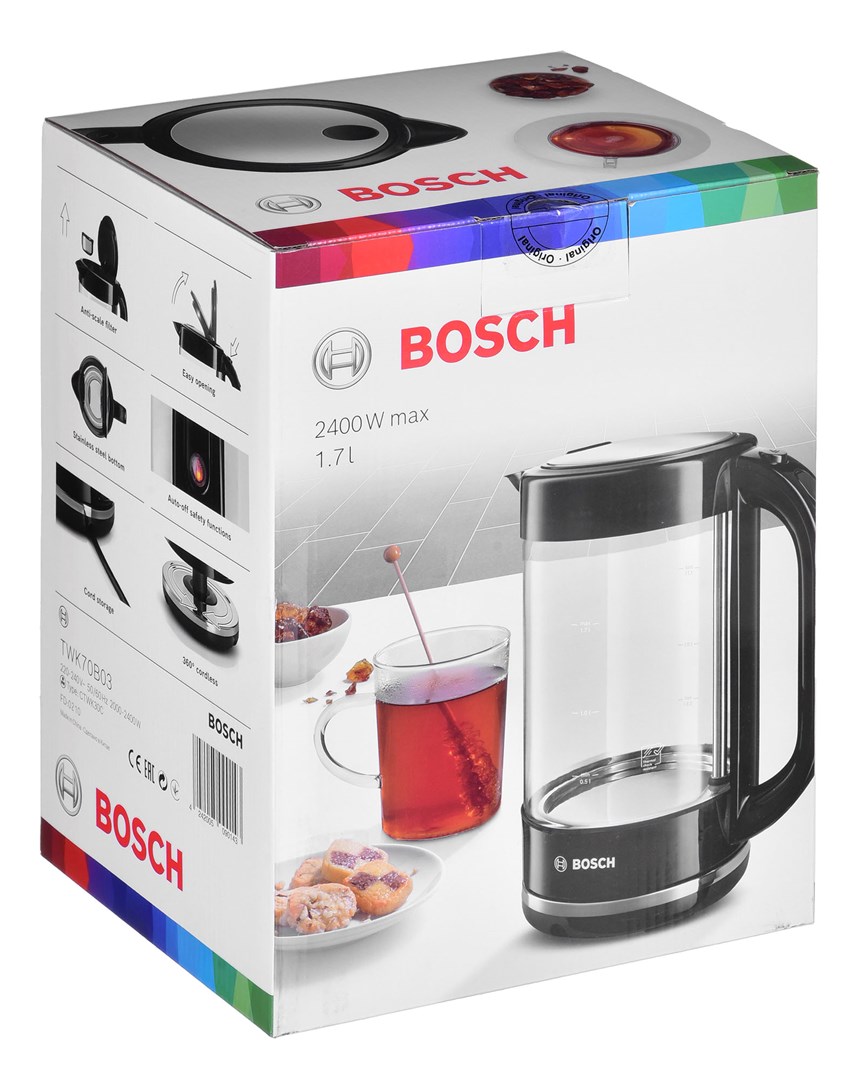 Bosch TWK70B03 electric kettle 1.7 L 2400 W Black, Transparent Bosch TWK70B03 electric kettle 1.7 L 2400 W Black, Transparent