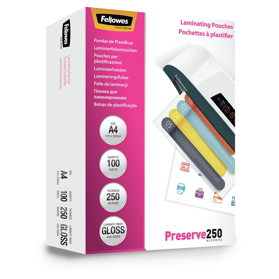 Fellowes A4 Glossy 250 Micron Laminating Pouch - 100 pack Fellowes A4 Glossy 250 Micron Laminating Pouch - 100 pack