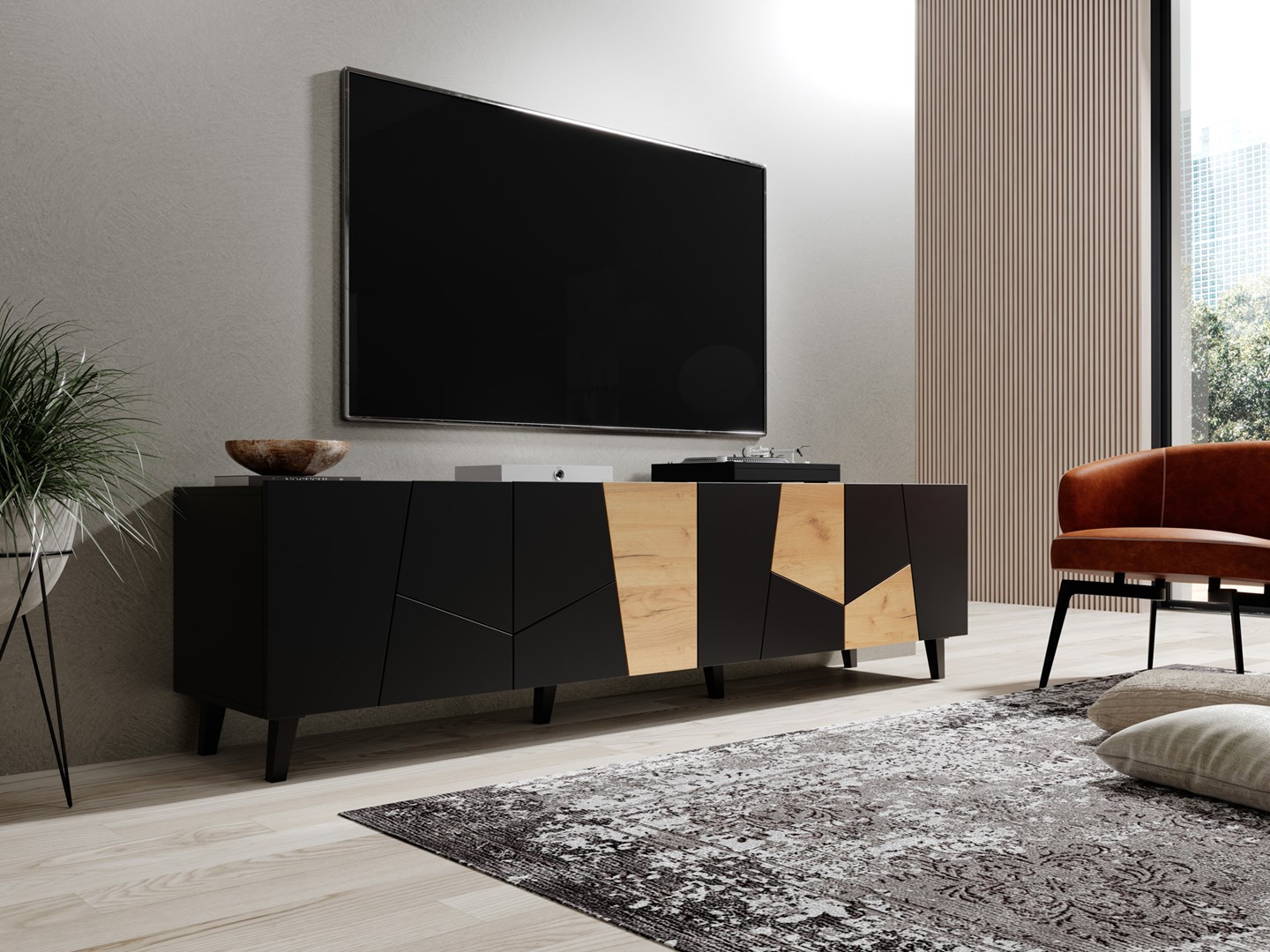 RTV cabinet ETNA 200x42x52 black matt + oak craft RTV cabinet ETNA 200x42x52 black matt + oak craft