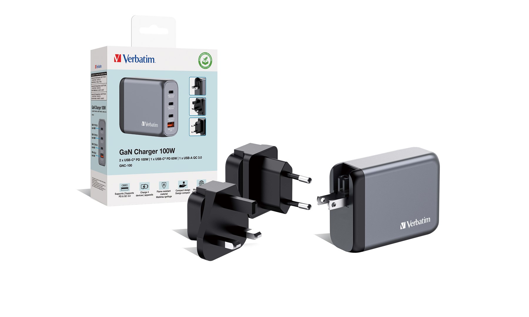 Verbatim GNC-100 GaN Charger 4 Port 100W USB A/C (EU/UK/US) Verbatim GNC-100 GaN Charger 4 Port 100W USB A/C (EU/UK/US)