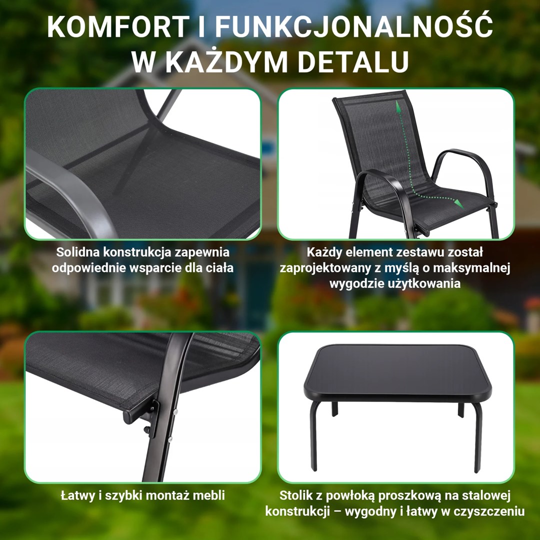 Extralink Black Forest Garden Furniture Set, Textilene Two Chairs + Black Table outdoor furniture set Extralink Black Forest Garden Furniture Set, Textilene Two Chairs + Black Table outdoor furniture set
