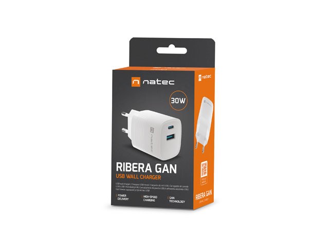 NATEC RIBERA GAN CHARGER 1X USB-A + 1X USB-C 30W WHITE NATEC RIBERA GAN CHARGER 1X USB-A + 1X USB-C 30W WHITE