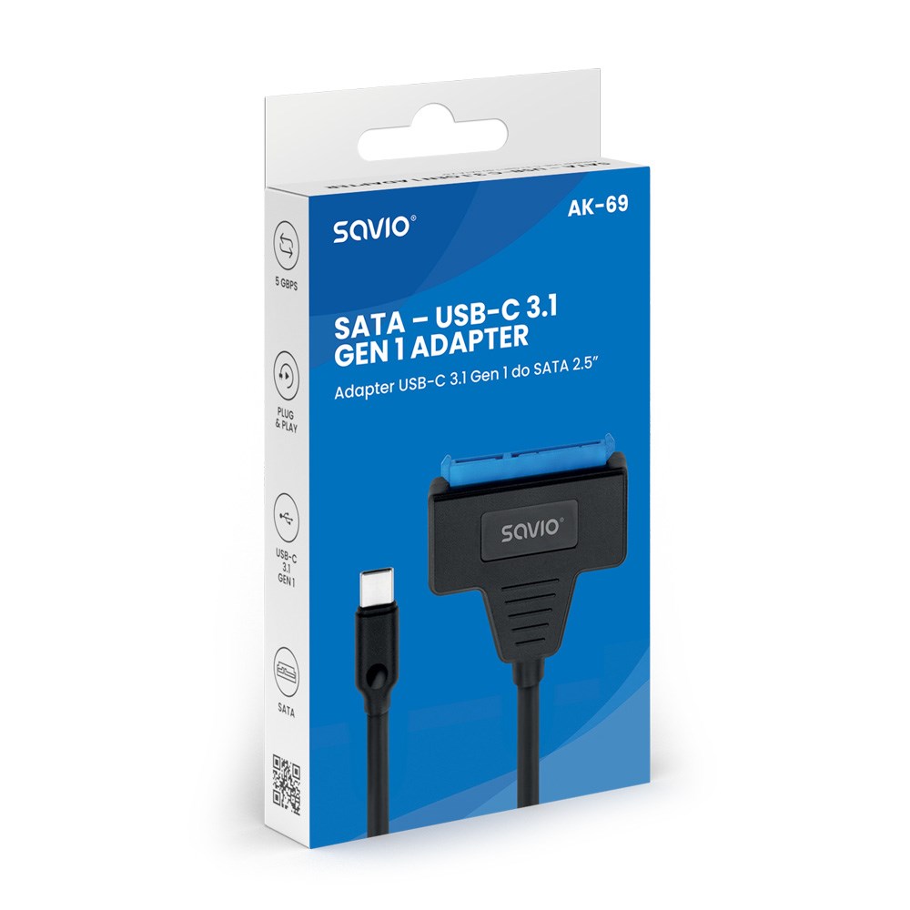 SAVIO AK-69 Adapter USB-C 3.1 Gen 1 (M) - SATA (F) for 2.5" drives SAVIO AK-69 Adapter USB-C 3.1 Gen 1 (M) - SATA (F) for 2.5" drives
