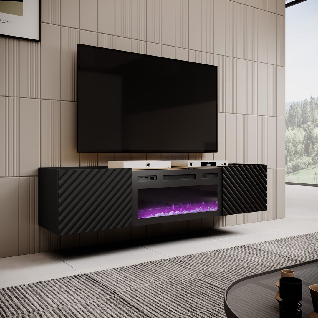 RTV cabinet with electric fireplace ONDA 180x40x39-58 black (standing or wall mounted) RTV cabinet with electric fireplace ONDA 180x40x39-58 black (standing or wall mounted)