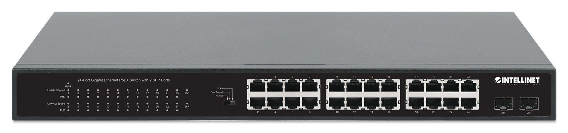 Intellinet 24-Port Gigabit Ethernet PoE+ Switch with 2 SFP Ports IEEE 802.3at/af (PoE+/PoE) Compliant, PoE Power Budget of 370 W, Two 1G SFP Open Slots, 19" Rackmount Intellinet 24-Port Gigabit Ethernet PoE+ Switch with 2 SFP Ports IEEE 802.3at/af (PoE+/PoE) Compliant, PoE Power Budget of 370 W, Two 1G SFP Open Slots, 19" Rackmount