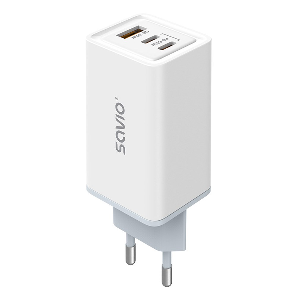 SAVIO LA-07 GaN 65W mains charger, USB, QC4.0+, PD 3.0, White SAVIO LA-07 GaN 65W mains charger, USB, QC4.0+, PD 3.0, White