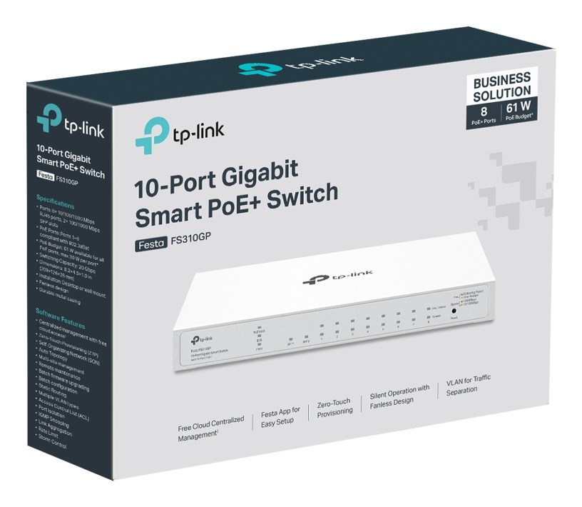 TP-Link FESTA FS310GP network switch Managed L2/L2+ Gigabit Ethernet (10/100/1000) Power over Ethernet (PoE) 1U White TP-Link FESTA FS310GP network switch Managed L2/L2+ Gigabit Ethernet (10/100/1000) Power over Ethernet (PoE) 1U White