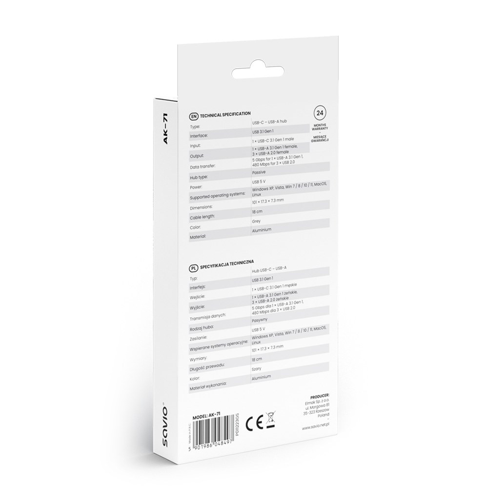 SAVIO AK-71 USB-C hub - 3 x USB-A 2.0, 1 x USB-A 3.0, 4-in-1, 5 Gbps SAVIO AK-71 USB-C hub - 3 x USB-A 2.0, 1 x USB-A 3.0, 4-in-1, 5 Gbps