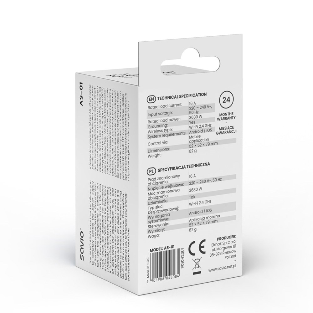 SAVIO WI-FI smart socket, 16A, AS-01, White SAVIO WI-FI smart socket, 16A, AS-01, White