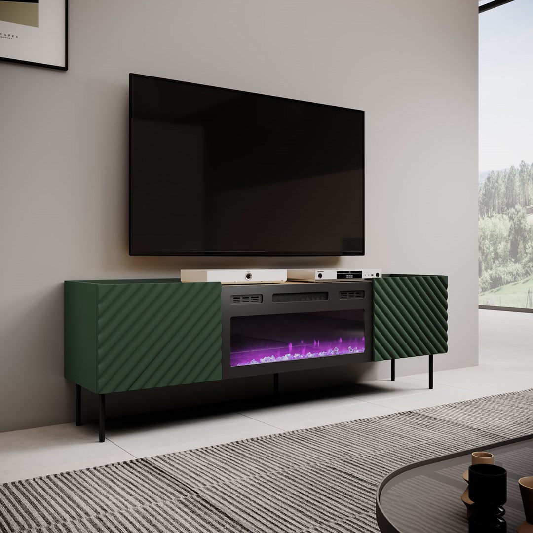 RTV cabinet with an electric fireplace ONDA 180,5x40xH58,39 green (standing or wall mounted) RTV cabinet with an electric fireplace ONDA 180,5x40xH58,39 green (standing or wall mounted)