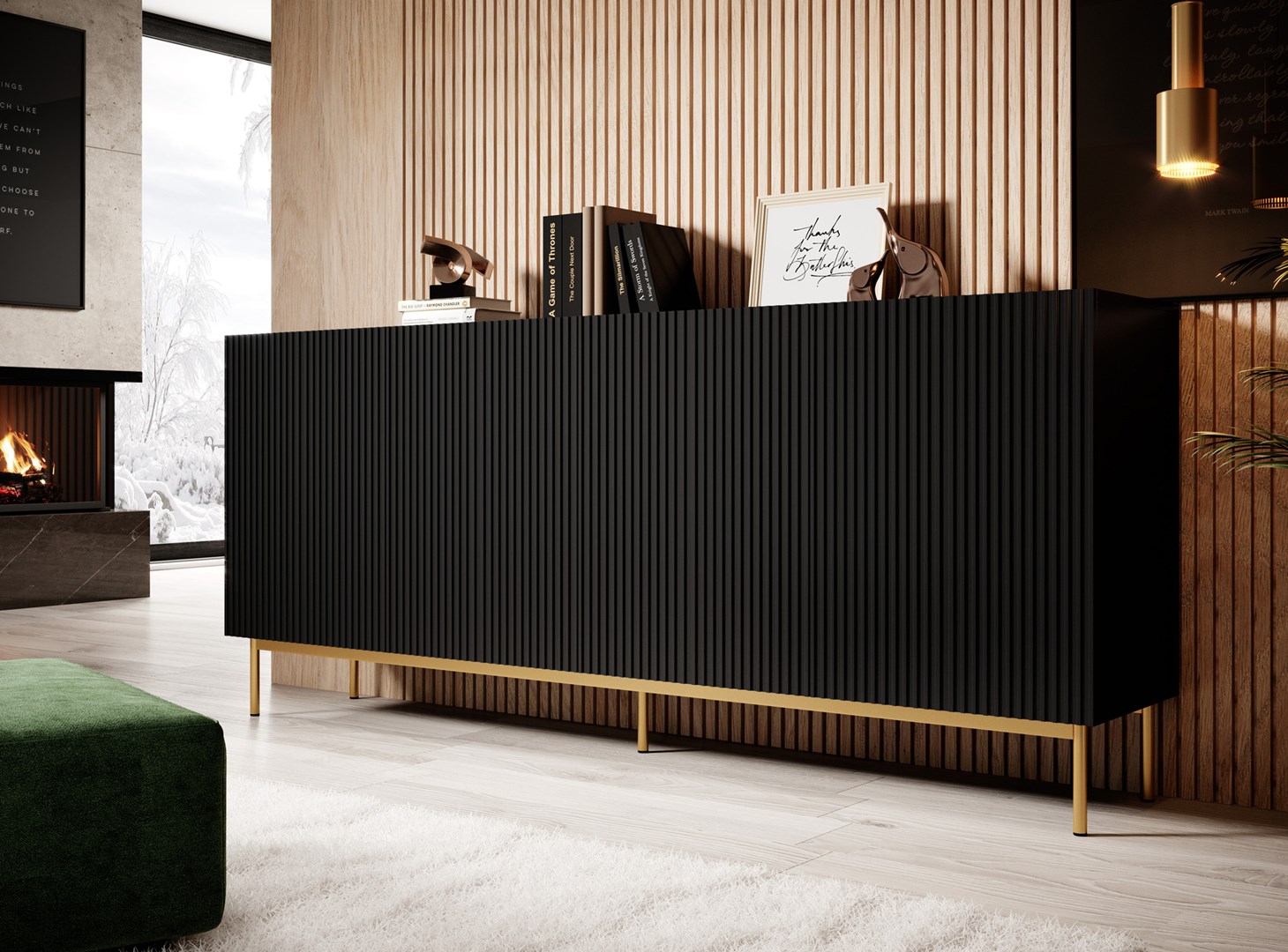 PAFOS chest of drawers on golden steel frame 200x40x102 matte black PAFOS chest of drawers on golden steel frame 200x40x102 matte black