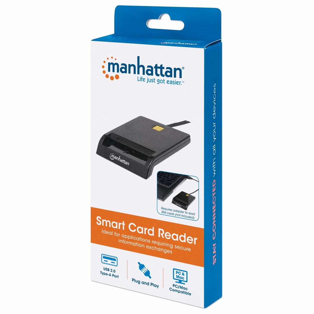 Manhattan USB-A Contact Smart Card Reader, 12 Mbps, Friction type compatible, External, Windows or Mac, Cable 105cm, Black, Three Year Warranty Manhattan USB-A Contact Smart Card Reader, 12 Mbps, Friction type compatible, External, Windows or Mac, Cable 105cm, Black, Three Year Warranty