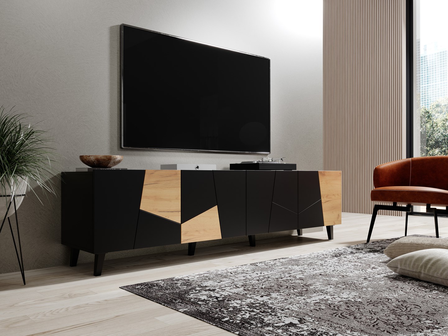 RTV cabinet ETNA 200x42x52 black matt + oak craft RTV cabinet ETNA 200x42x52 black matt + oak craft
