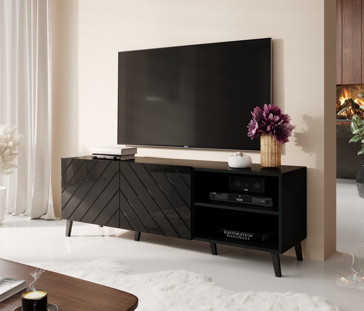 RTV cabinet ABETO 150x42x52 black glossy RTV cabinet ABETO 150x42x52 black glossy