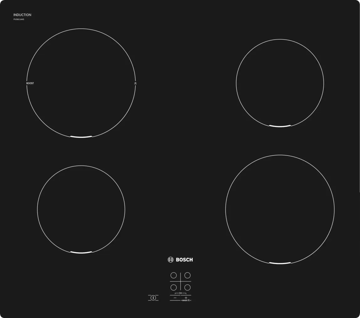 Bosch Serie 2 PUG611AA5E hob Black Countertop 60 cm Zone induction hob 4 zone(s) Bosch Serie 2 PUG611AA5E hob Black Countertop 60 cm Zone induction hob 4 zone(s)
