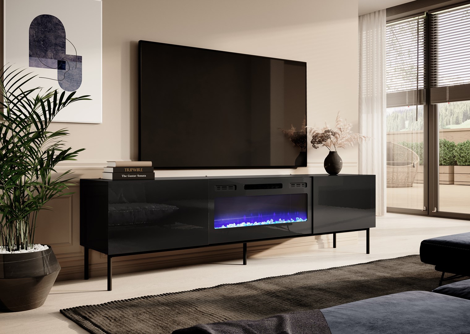 RTV cabinet SLIDE 200K with electric fireplace on black frame 200x40x57 cm all in gloss black RTV cabinet SLIDE 200K with electric fireplace on black frame 200x40x57 cm all in gloss black