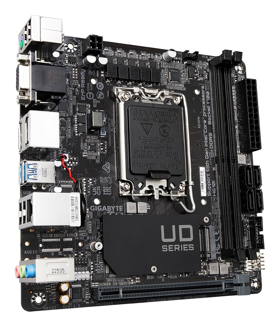 GIGABYTE H610I Motherboard - Supports Intel Core 14th CPUs, 4+1+1 Hybrid Digital VRM, up to 5600MHz DDR5, 1xPCIe 3.0 M.2, GbE LAN, USB 3.2 Gen 1 GIGABYTE H610I Motherboard - Supports Intel Core 14th CPUs, 4+1+1 Hybrid Digital VRM, up to 5600MHz DDR5, 1xPCIe 3.0 M.2, GbE LAN, USB 3.2 Gen 1