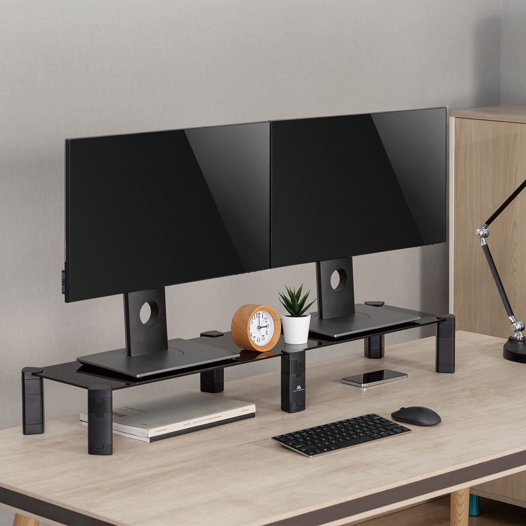 Dual Monitor Stand - Double Maclean, max. 20kg, tempered glass, (1029x285x127mm), MC-936 Dual Monitor Stand - Double Maclean, max. 20kg, tempered glass, (1029x285x127mm), MC-936