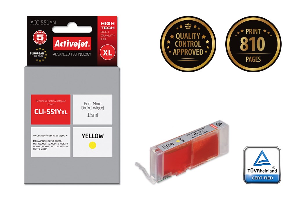 Activejet ACC-551YN Ink cartridge (replacement for Canon CLI-551Y; Supreme; 15 ml; yellow) Activejet ACC-551YN Ink cartridge (replacement for Canon CLI-551Y; Supreme; 15 ml; yellow)