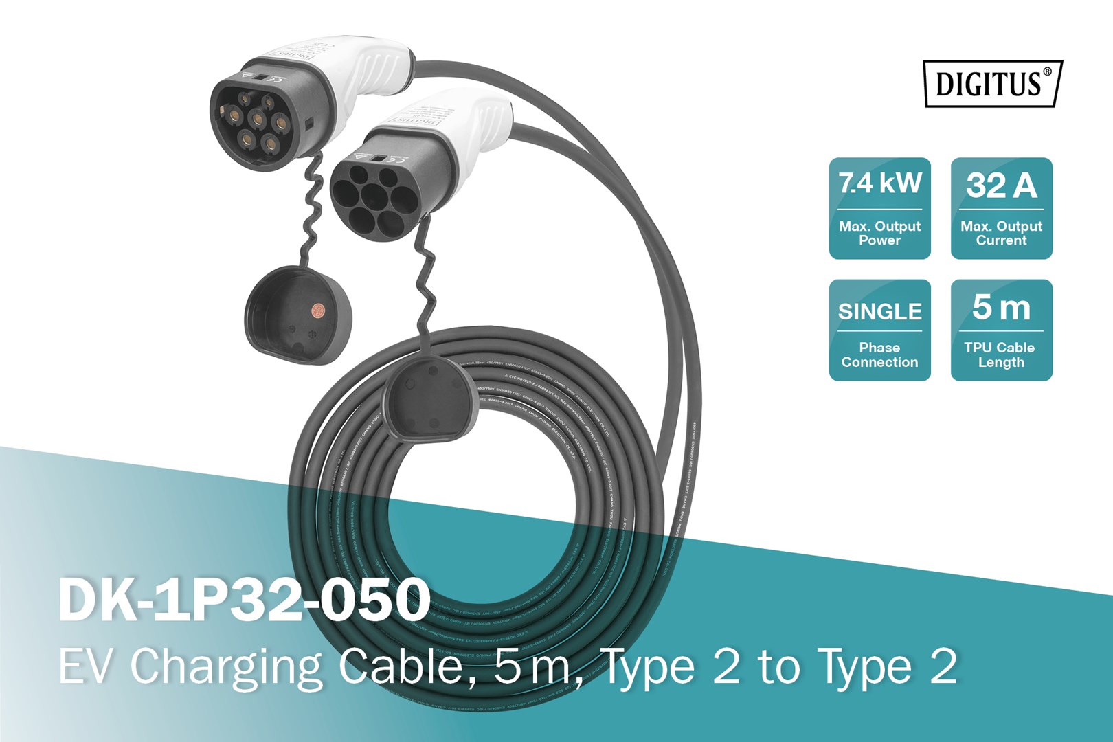 Digitus EV charging cable, 5 m, type 2 to type 2 Digitus EV charging cable, 5 m, type 2 to type 2