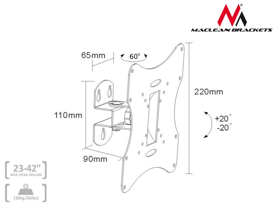 Maclean MC-501A Universal Wall TV Bracket 23-42" uo to 30kg vesa 200x200 Black Maclean MC-501A Universal Wall TV Bracket 23-42" uo to 30kg vesa 200x200 Black