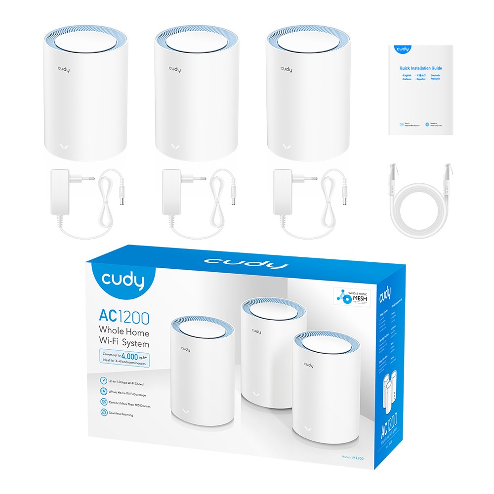 Cudy M1200 3-PACK mesh wi-fi system Dual-band (2.4 GHz / 5 GHz) Wi-Fi 5 (802.11ac) White 1 Internal Cudy M1200 3-PACK mesh wi-fi system Dual-band (2.4 GHz / 5 GHz) Wi-Fi 5 (802.11ac) White 1 Internal