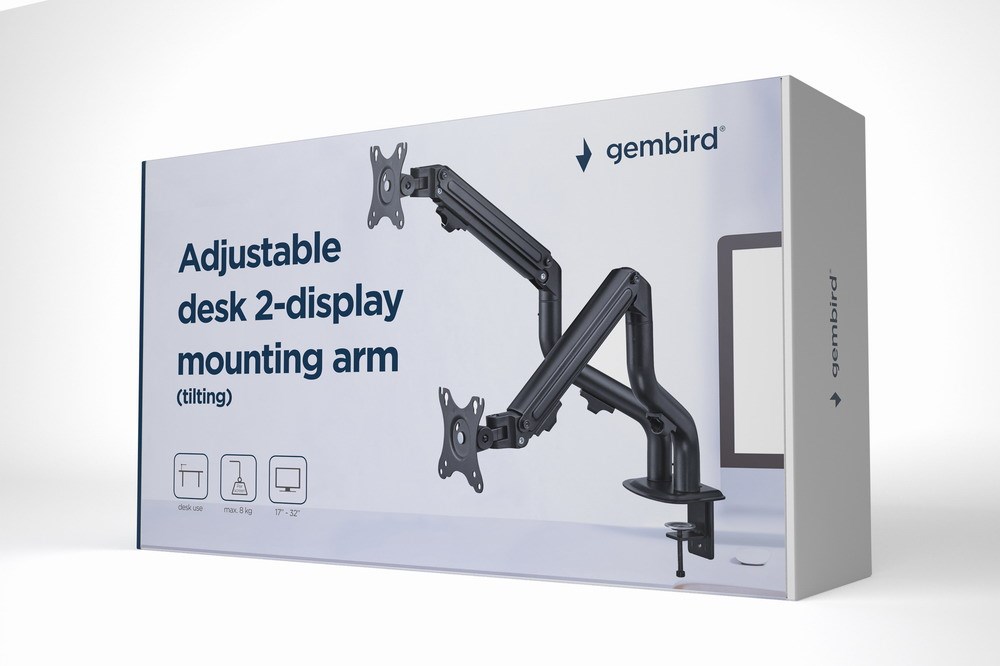 Gembird MA-DA2-02 Adjustable desk 2-display mounting arm (tilting), 17”-32”, up to 8 kg Gembird MA-DA2-02 Adjustable desk 2-display mounting arm (tilting), 17”-32”, up to 8 kg