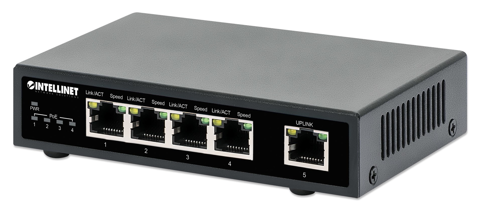 Intellinet 5-Port Gigabit Ethernet PoE+ Switch, Four PSE PoE Ports, IEEE 802.3at/af (PoE+/PoE) Compliant, PoE Power Budget up to 62 W, Desktop Format Intellinet 5-Port Gigabit Ethernet PoE+ Switch, Four PSE PoE Ports, IEEE 802.3at/af (PoE+/PoE) Compliant, PoE Power Budget up to 62 W, Desktop Format