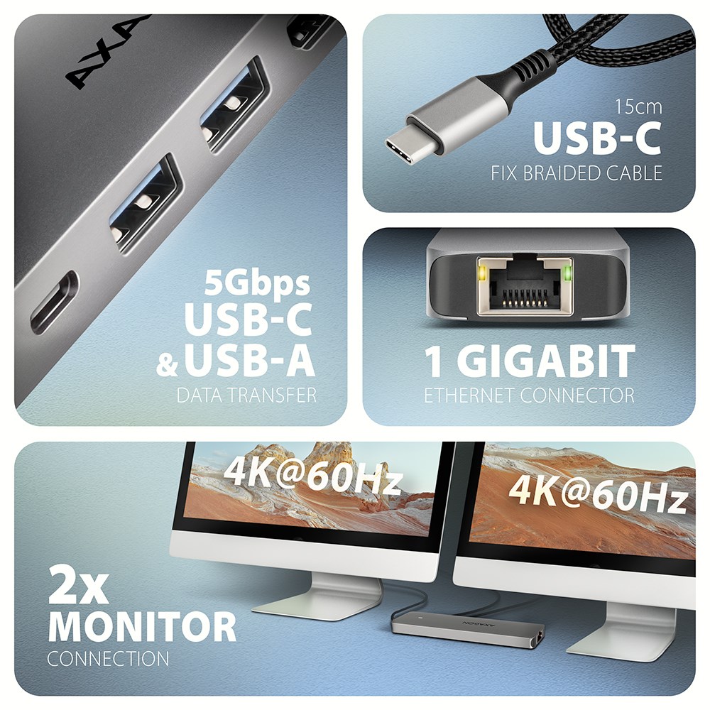 Axagon HMC-7HX2 USB-C 5Gbps DUAL 4K DISPLAY 7in1 hub Axagon HMC-7HX2 USB-C 5Gbps DUAL 4K DISPLAY 7in1 hub