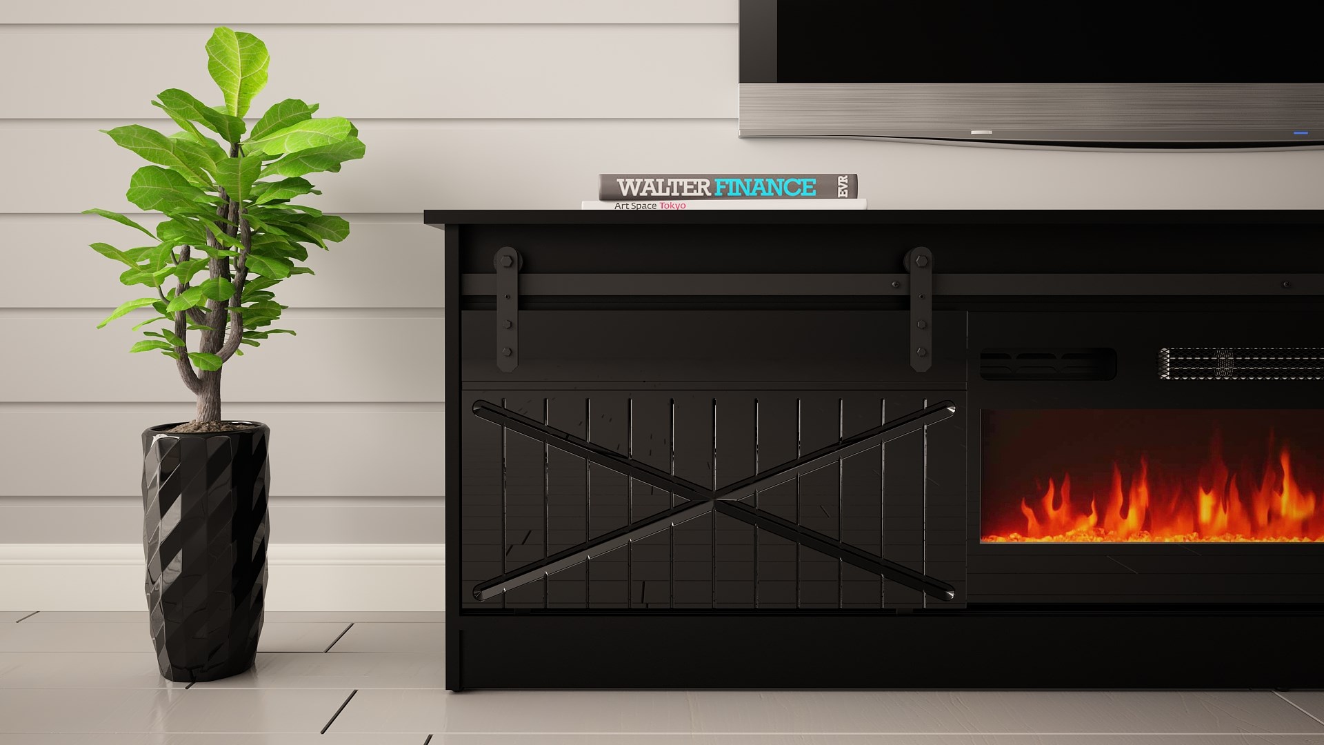 RTV GRANERO + fireplace cabinet 200x56.7x35 black/black gloss RTV GRANERO + fireplace cabinet 200x56.7x35 black/black gloss