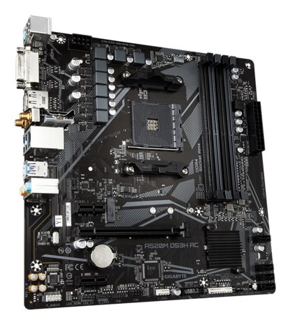 GIGABYTE A520M DS3H AC Motherboard - AMD Ryzen 5000 Series CPUs, 5+3 Phases VRM, up to 4733MHz DDR5 (OC), 1xPCIe 3.0 M.2, GbE LAN, WIFI 5, USB 3.2 Gen 1 GIGABYTE A520M DS3H AC Motherboard - AMD Ryzen 5000 Series CPUs, 5+3 Phases VRM, up to 4733MHz DDR5 (OC), 1xPCIe 3.0 M.2, GbE LAN, WIFI 5, USB 3.2 Gen 1