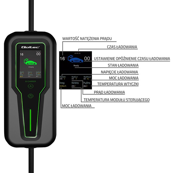 Qoltec Mobile EV Car Charger Adjustable 2in1 Type2 | 11kW | 3 Phases | CEE 5 PIN| LCD |Portable | Wallbox | 5m Qoltec Mobile EV Car Charger Adjustable 2in1 Type2 | 11kW | 3 Phases | CEE 5 PIN| LCD |Portable | Wallbox | 5m
