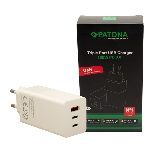 PATONA Premium Charger GaN PD100W 2xUSB-C 1xUSB-A PD3.0 QC3.0 White PATONA Premium Charger GaN PD100W 2xUSB-C 1xUSB-A PD3.0 QC3.0 White