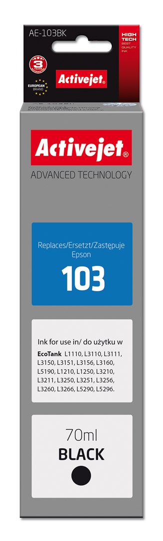 Activejet AE-103Bk ink (replacement Epson 103 C13T00S14A; Supreme; 70 ml; 4500, black) Activejet AE-103Bk ink (replacement Epson 103 C13T00S14A; Supreme; 70 ml; 4500, black)