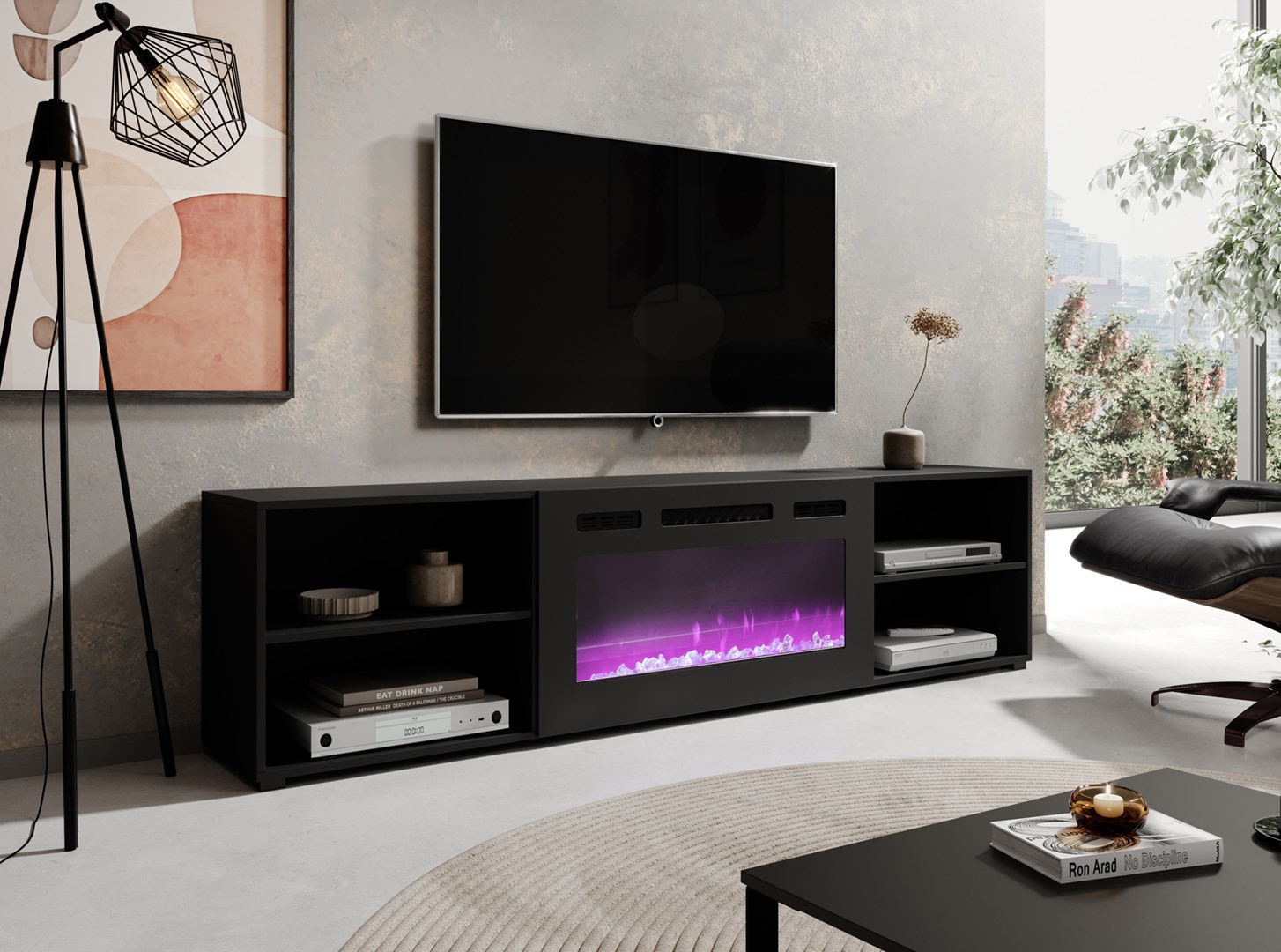 RTV cabinet POLO 200x33x50.5 black + fireplace black RTV cabinet POLO 200x33x50.5 black + fireplace black