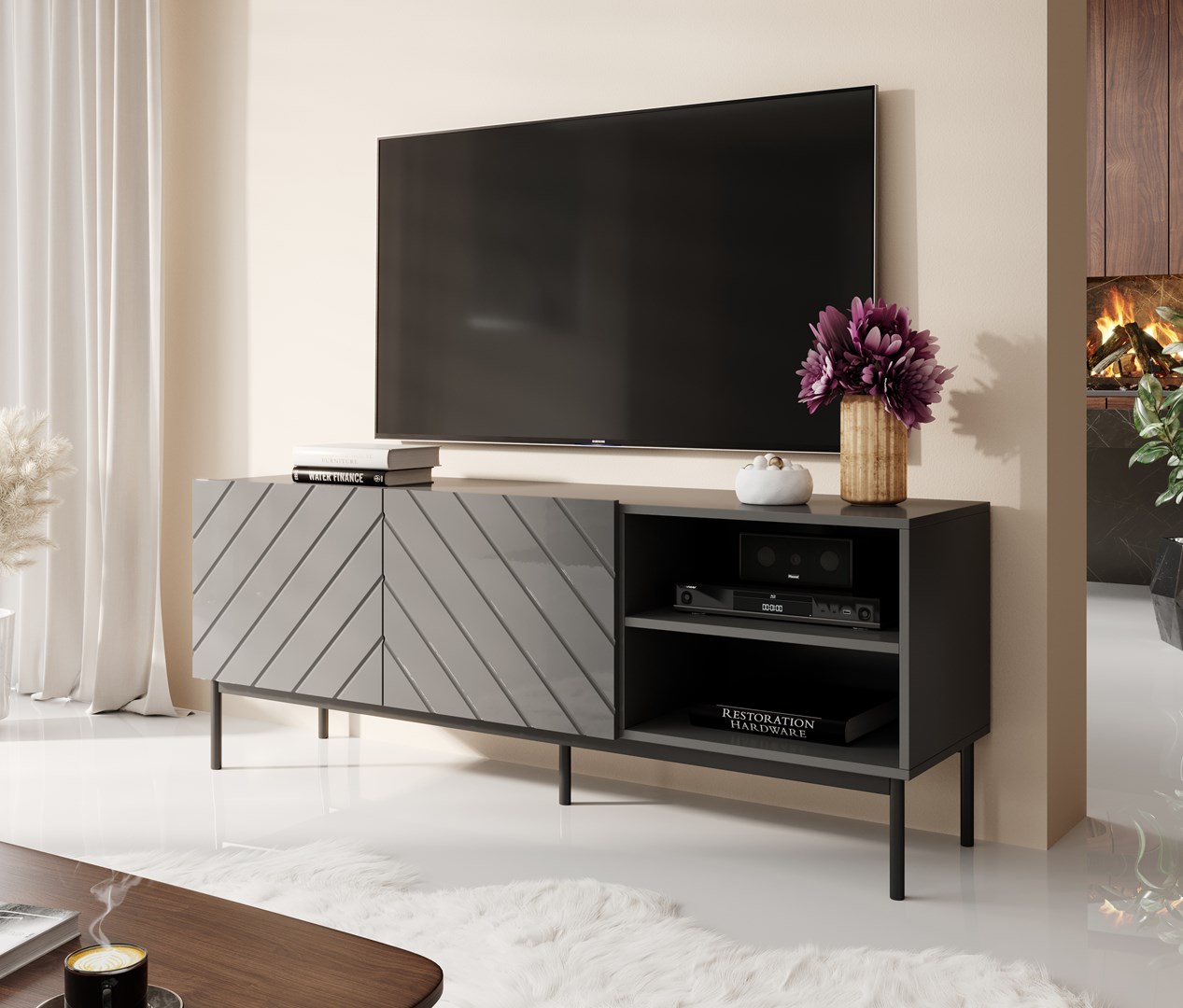 ABETO RTV cabinet on black steel frame 150x42x60 cm graphite/glossy graphite ABETO RTV cabinet on black steel frame 150x42x60 cm graphite/glossy graphite