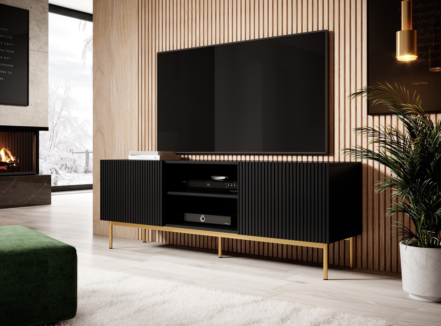 PAFOS RTV cabinet on golden steel frame 150x40x60 cm matte black PAFOS RTV cabinet on golden steel frame 150x40x60 cm matte black