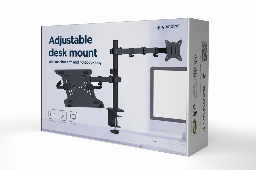 Gembird MA-DA-03 Adjustable desk mount with monitor arm and notebook tray (rotate, tilt, swivel), 17”-32”, up to 9 kg Gembird MA-DA-03 Adjustable desk mount with monitor arm and notebook tray (rotate, tilt, swivel), 17”-32”, up to 9 kg