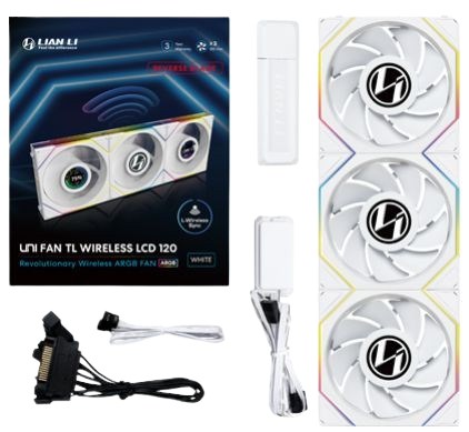 Lian Li UNI FAN TL Wireless LCD Fan, ARGB, PWM, 3-pack incl. Controller - Reverse Blade, 120 mm, white Lian Li UNI FAN TL Wireless LCD Fan, ARGB, PWM, 3-pack incl. Controller - Reverse Blade, 120 mm, white